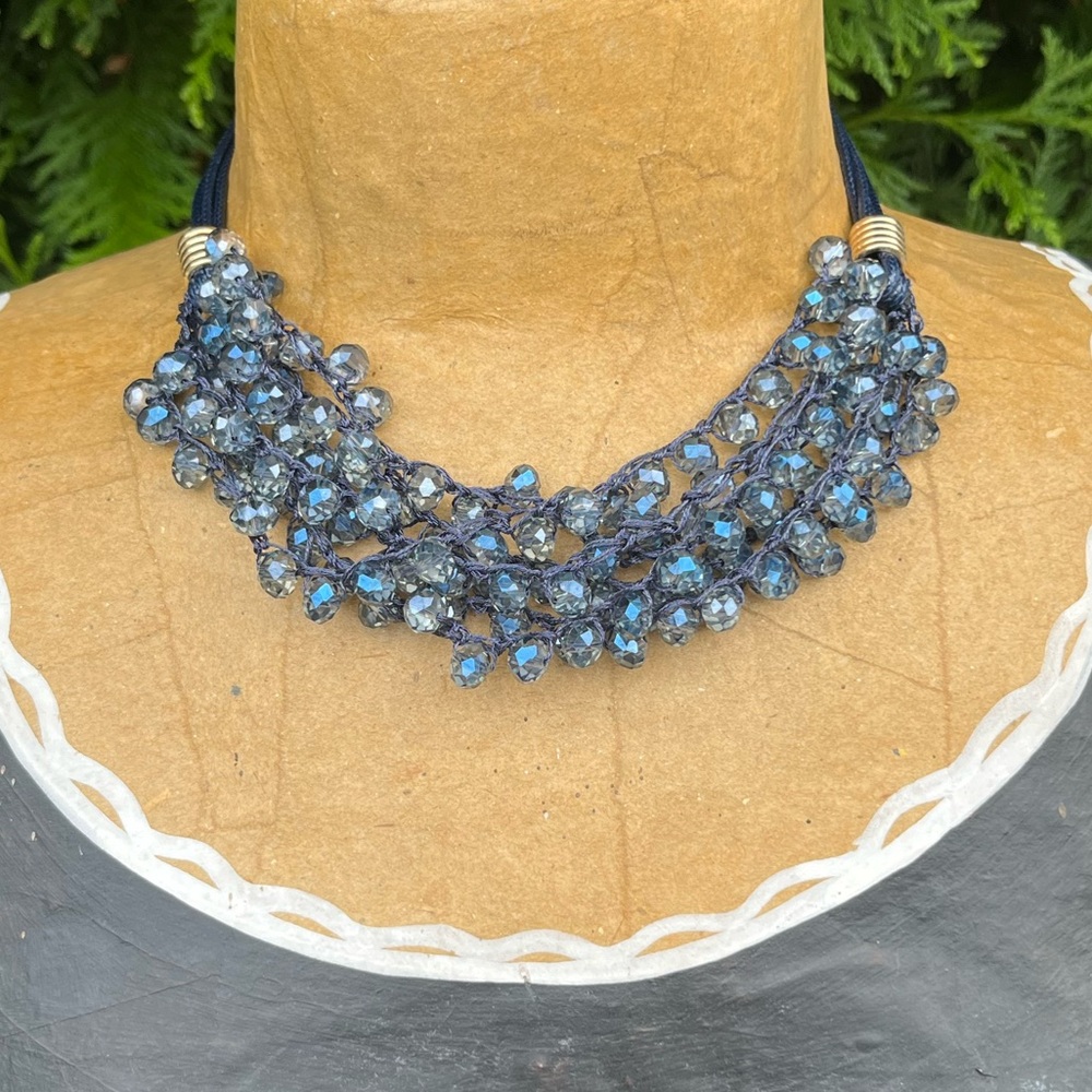 Vintage; Six Layer; Shinning Blue Glass Beads; Beaded Necklace; NWOT; 18-21in